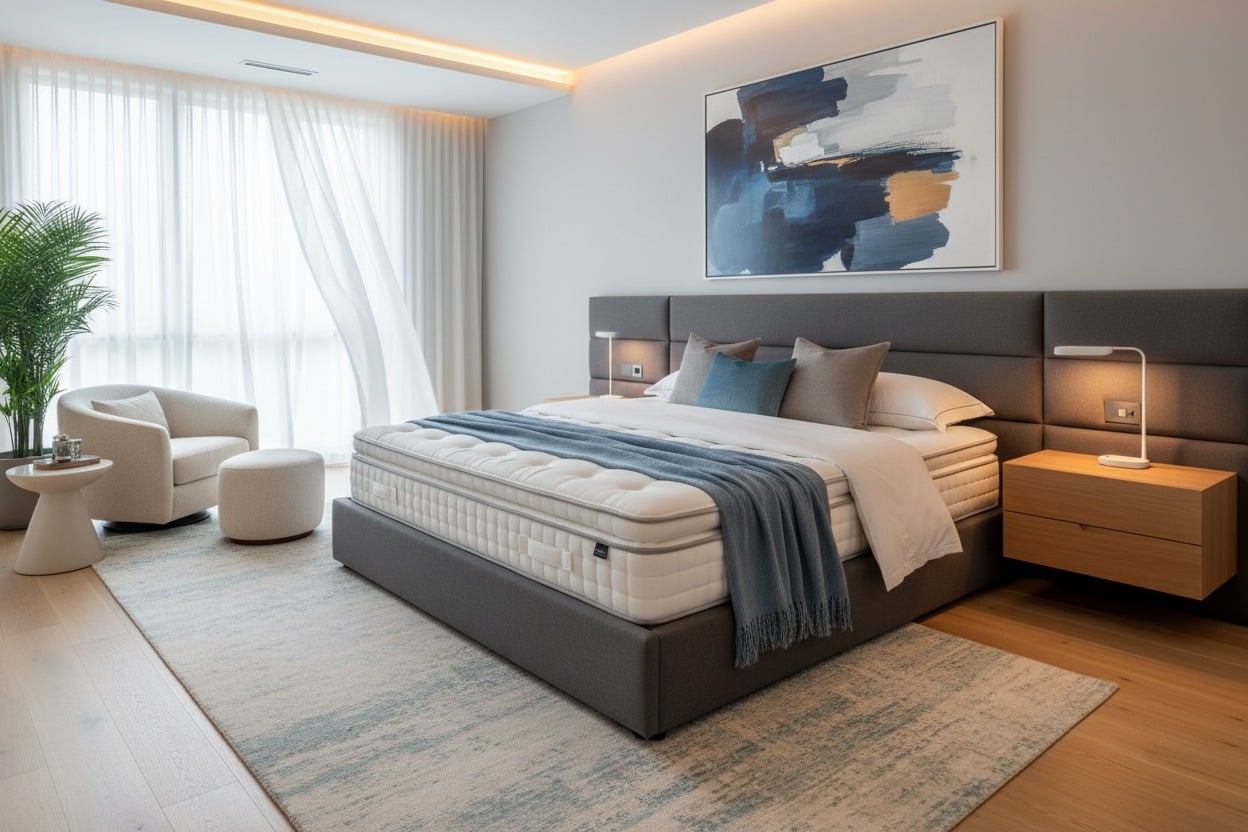 Una moderna e luminosa camera da letto con un letto matrimoniale rifinito con coperte blu e un grande quadro astratto sulla parete grigia.